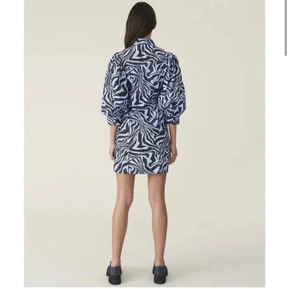 Ganni Blue Black Zebra Animal Print Puff Sleeve Mini Dress Size Small - Picture 3 of 11